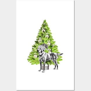 Labrador Dog Christmas scene with Christmas tree an Santa hat Posters and Art